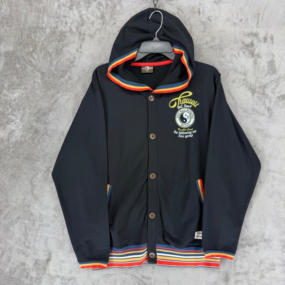 T&C Surf Designs Hawaii Button Up Hoodie Black Rainbow Stripe Yin Yang Large LL